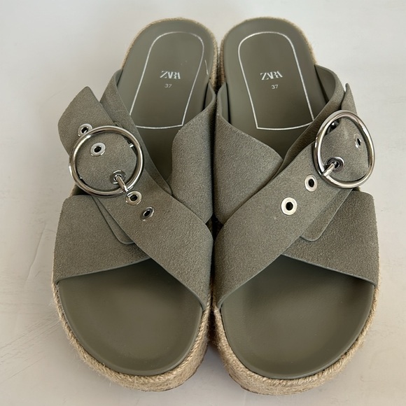 Zara espadrille platform sandal slide silver buckle sage gray green suede - Picture 16 of 16